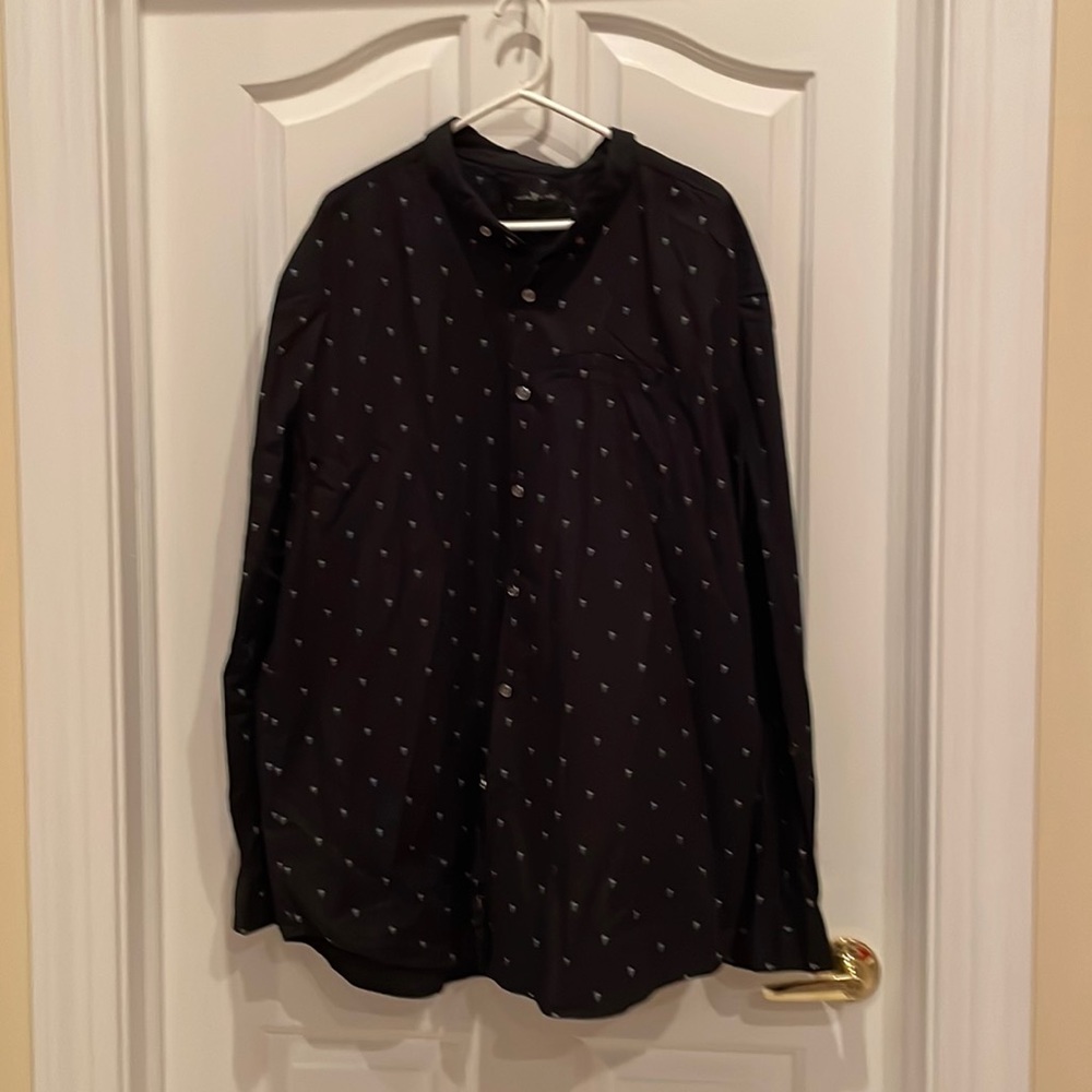 Gently worn Marc Ecko black mens button down shirt with embroidered mini skulls